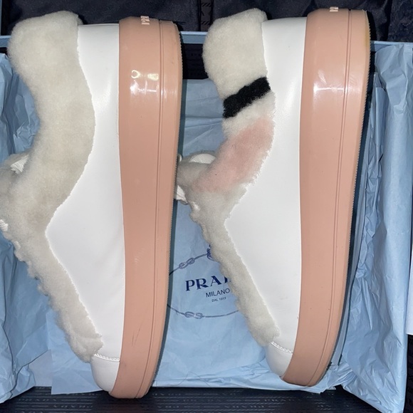 PRADA Buckled Shearling Fur Leather Skate Sneakers - Picture 1 of 8